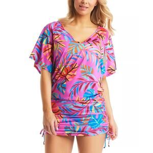 BAR III Women Pink Tropical Adjustable Caftan Beach Swimwear Cover-Up Size XS